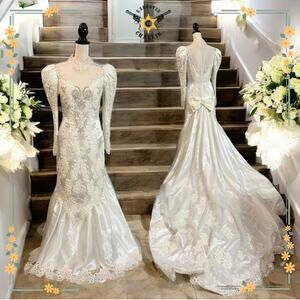 Vintage Private Label by G Mermaid Wedding Gown Size 12 Ivory Beaded High Neck